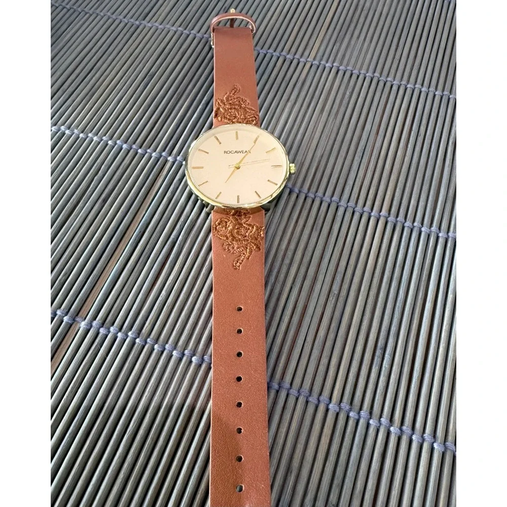Rocawear Women's Gold Tone Quartz Watch Brown Floral Strap 6269